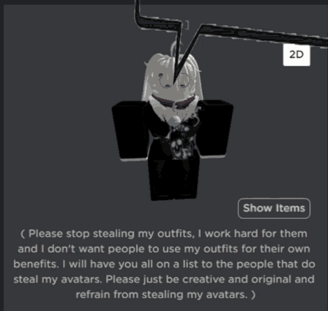 a screenshot of a video game asking people to stop stealing their avatars