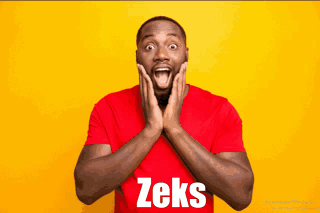 a man in a red shirt with the word zeks on his shirt