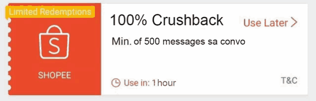 a coupon for shopee that says 100 % crushback on it