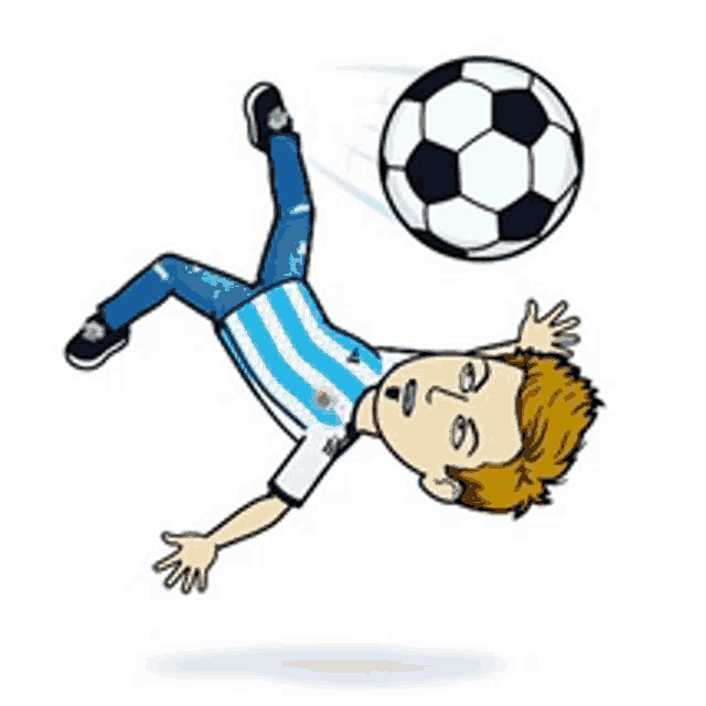 a cartoon boy is doing a handstand with a soccer ball in the air .