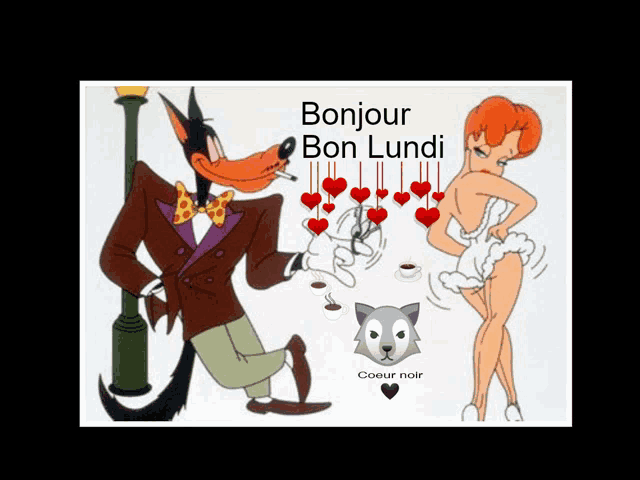 a cartoon drawing of a wolf and a woman with the words bonjour bon lundi