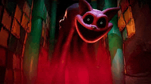 a cartoon character is standing in a dark room with red smoke coming out of it 's mouth .