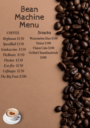 a menu for a bean machine with coffee and snacks on it