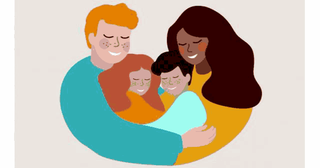 a family is hugging each other and smiling with their eyes closed .