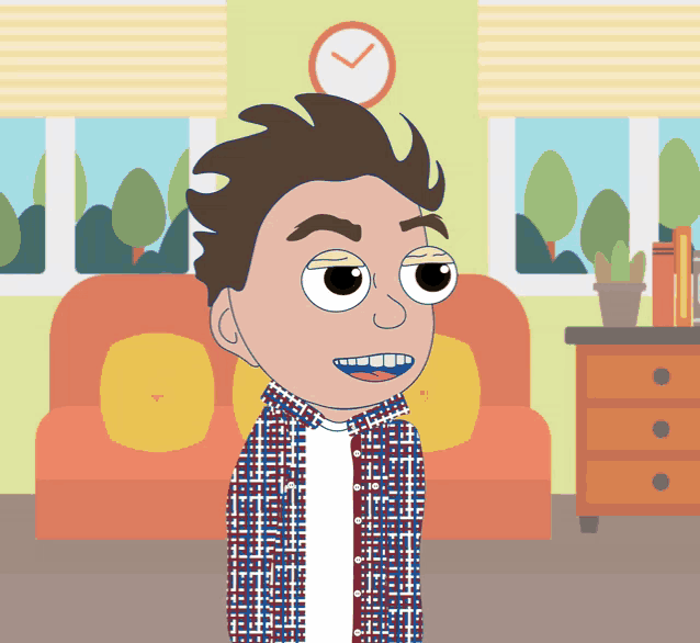 a cartoon of a boy standing in front of a clock