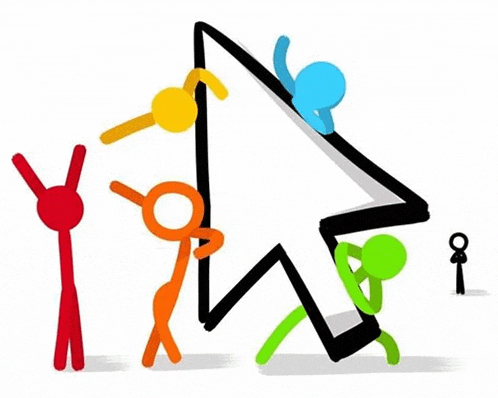 a group of stick figures are standing around a large arrow ..