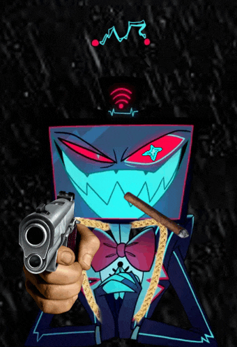 a cartoon character is holding a gun and a cigar