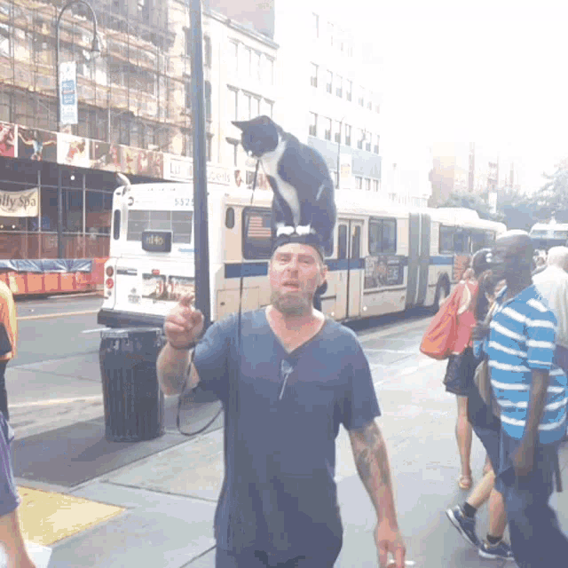 a man walking a cat on a leash in front of a bus with a sign that says ' healthy ' on it