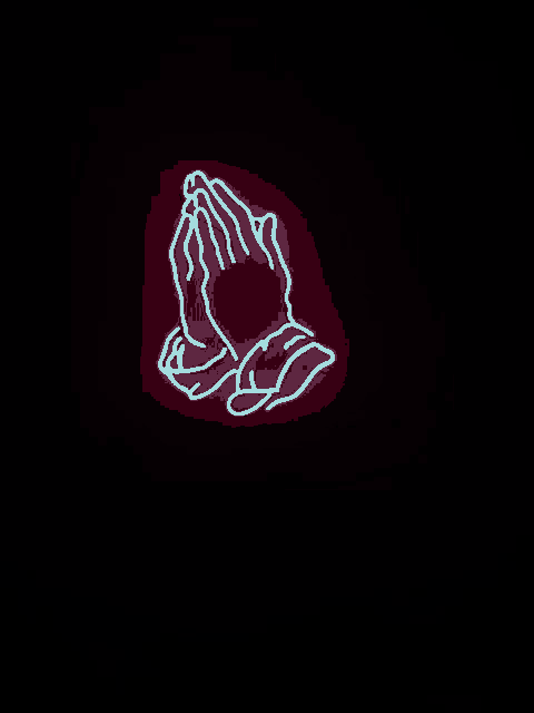 a neon sign of a person 's praying hands on a black background