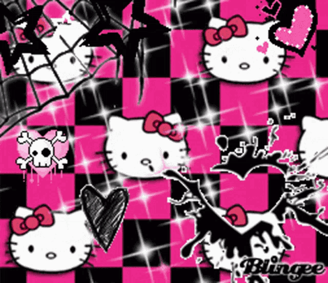 a pink and black checkered background with a hello kitty