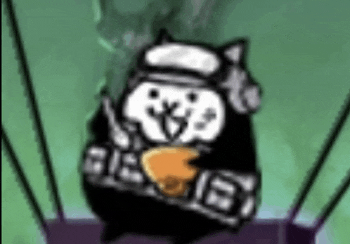 a black and white cartoon cat with a hat on is holding a piece of food .