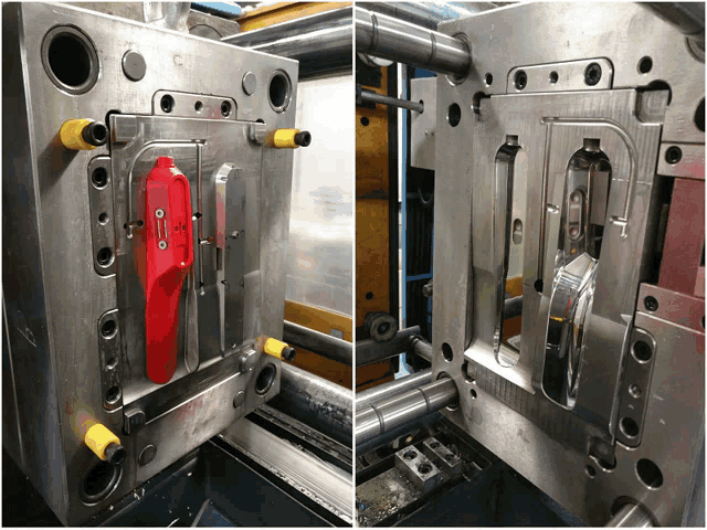 two pictures of a plastic injection molding machine with a red item in it