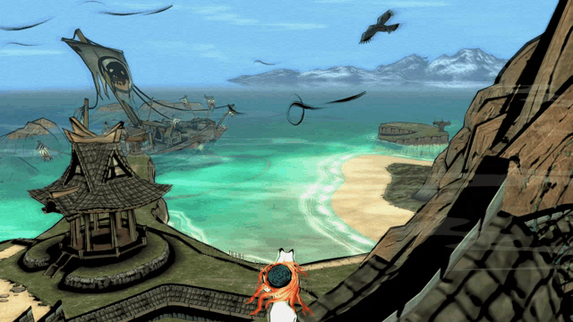 a computer generated image of a beach with a pirate ship in the background