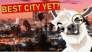 a llama wearing sunglasses is standing in front of a city skyline and a sign that says `` best city yet '' .