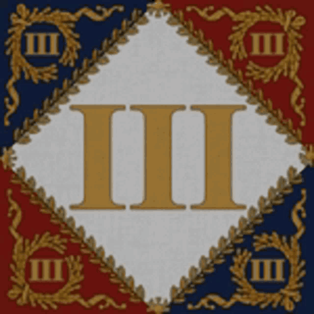 a red white and blue flag with the letter iii in the middle