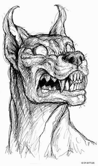 a black and white drawing of a dog with a very angry look on its face .