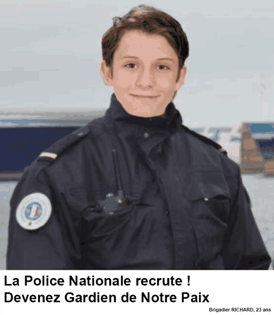 a young man in a police uniform with the words la police nationale recrute devenez gardien de notre paix