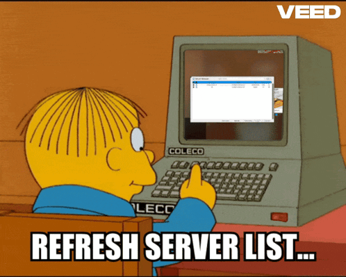 a cartoon character is sitting in front of a coleco computer and says " refresh server list "