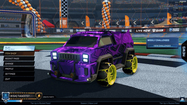 a purple car with yellow wheels is displayed in a rocket pass game