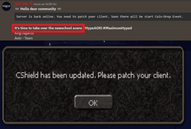 a computer screen shows a message that says " cshield has been updated please patch your client "