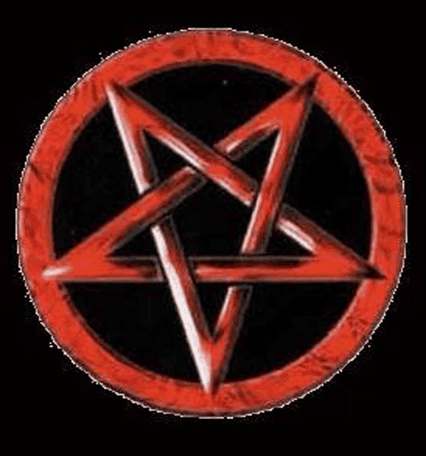 a red pentagram in a red circle on a black background .