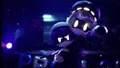 a couple of cartoon characters standing next to each other in a dark room with purple lights .