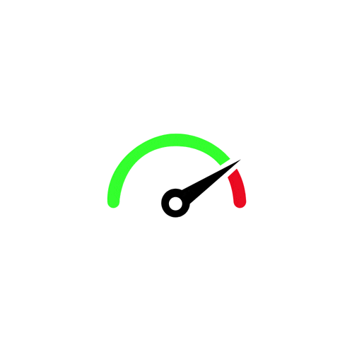 a black and green speedometer with a red arrow pointing to the right