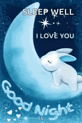 a rabbit is sleeping on a crescent moon with the words `` sleep well i love you '' written on it .