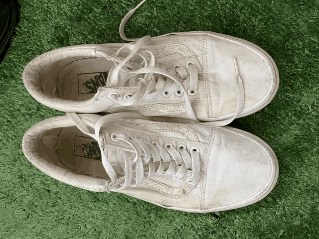 a pair of white vans shoes are sitting on a green carpet