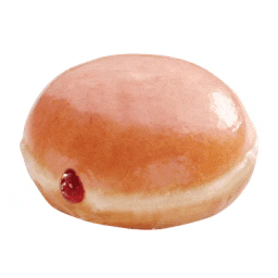 a doughnut with a strawberry filling is sitting on a white surface