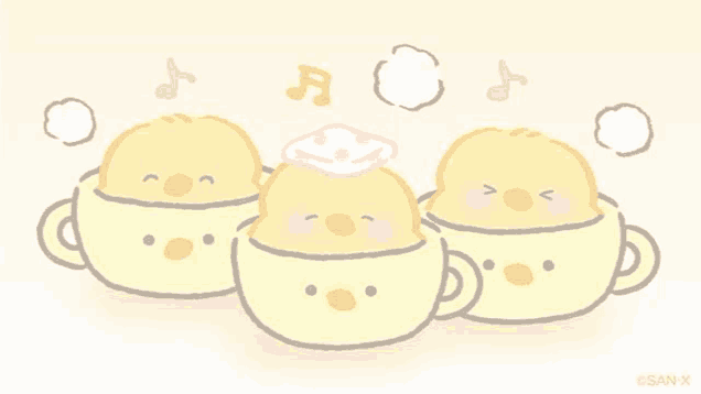 a group of yellow chicks are sitting in cups of soup .