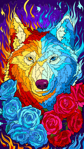 a colorful painting of a wolf surrounded by roses