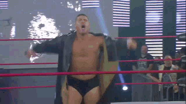 a wrestler is standing in a wrestling ring with his arms outstretched