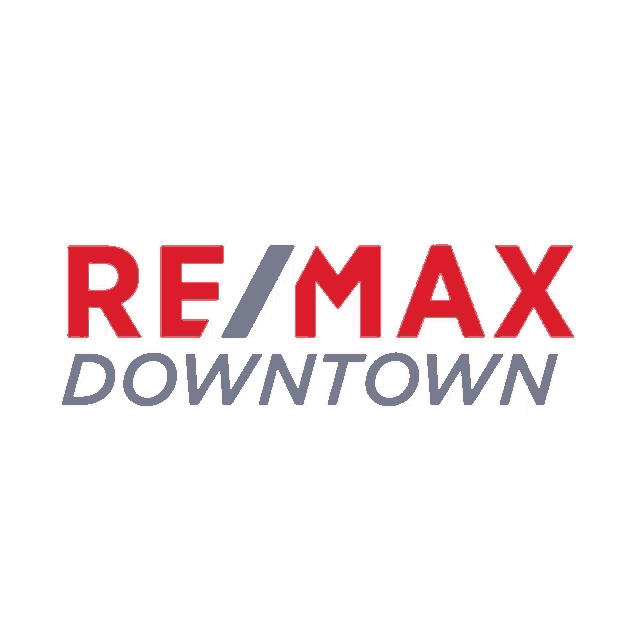 a red white and blue re / max downtown logo on a white background