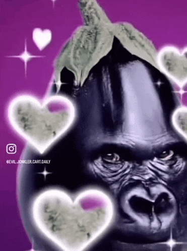 a drawing of an eggplant with a gorilla face and hearts around it