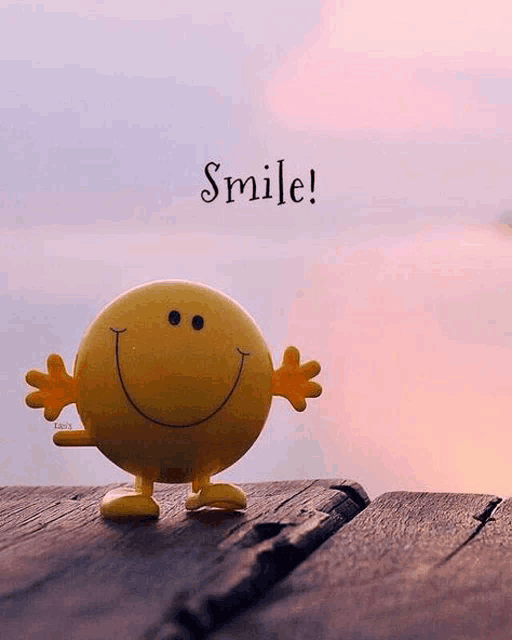 a yellow smiley face with arms and legs is standing on a wooden surface with the words smile written above it