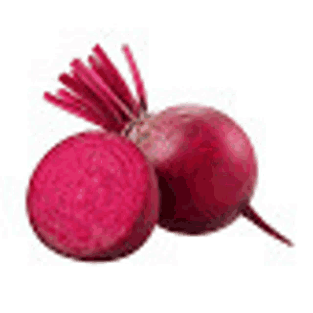 a close up of two beets on a white background .