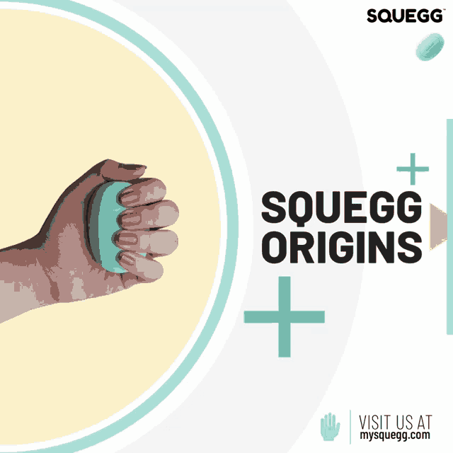 an advertisement for squeegg origins shows a person holding a green ball