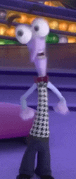 a cartoon character with big eyes and a bow tie is standing on a purple surface .