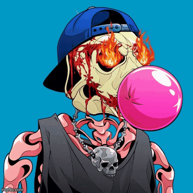 a cartoon of a skeleton blowing a pink bubble