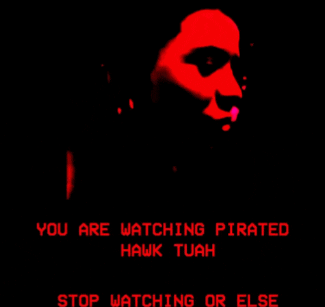 a black background with red text that says you are watching pirated hawk tuah