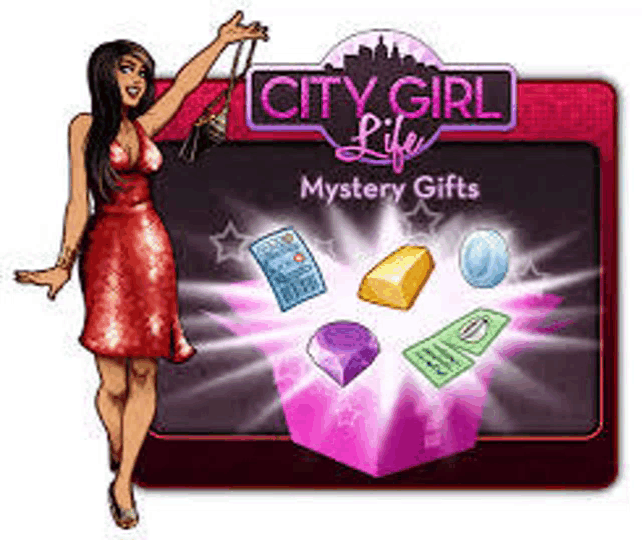 a woman in a red dress is standing next to a box with mystery gifts in it .