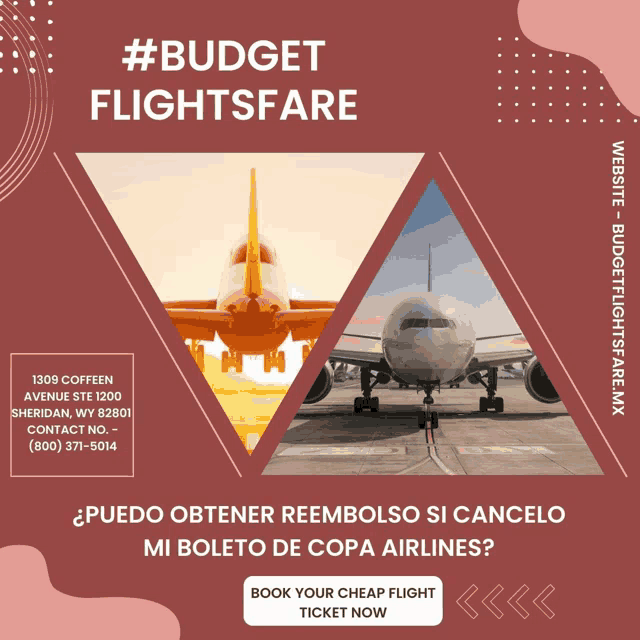 an advertisement for budget flights fare shows an airplane taking off