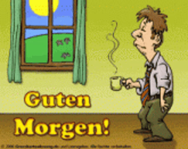 a cartoon of a man holding a cup of coffee with the words guten morgen written below him