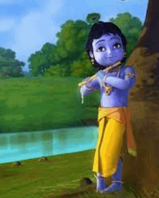 a cartoon of a baby krishna playing a flute .