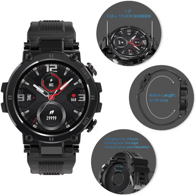 a black watch with a full touch screen and a display of the watch length