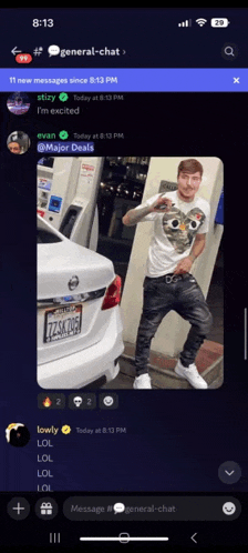 a screenshot of a general-chat conversation with a picture of a man standing next to a car