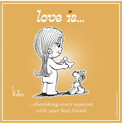 a cartoon of a girl giving a bone to a dog with the words love is cherishing every moment with your best friend