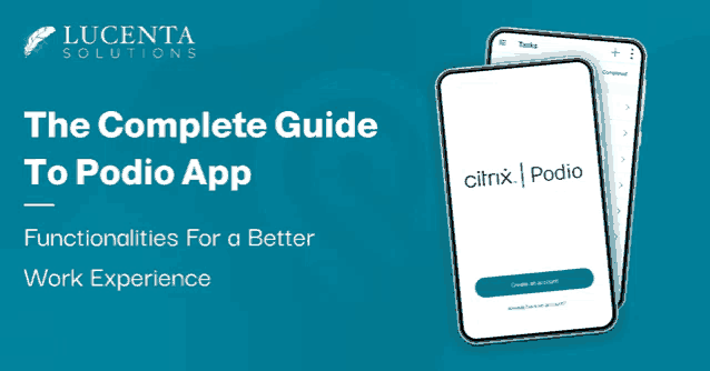 the complete guide to podio app is displayed on a blue background