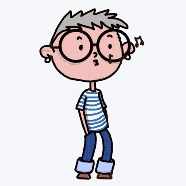 a cartoon drawing of a boy with glasses and music notes above his head